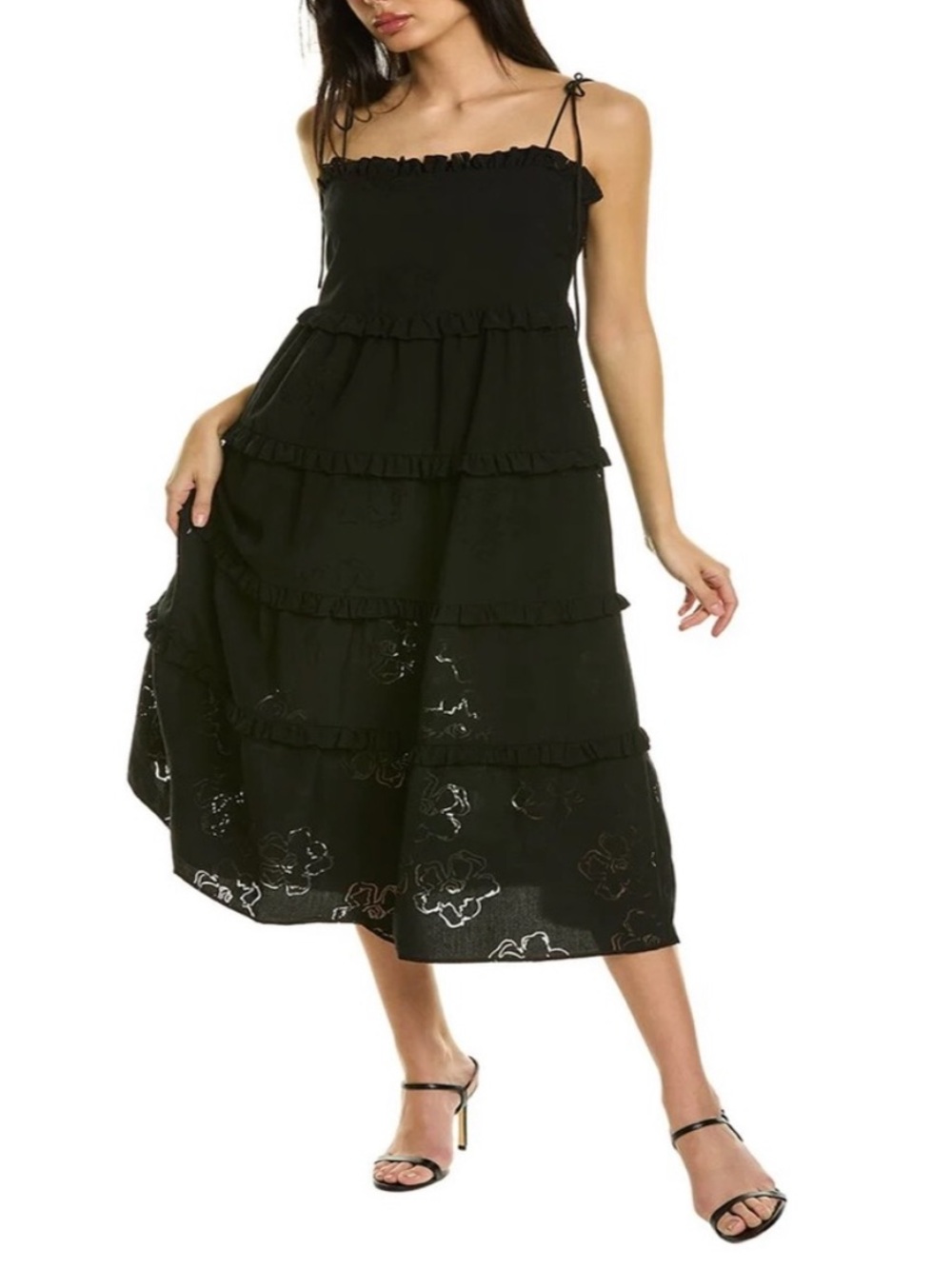 Ted Baker Hansi Magnolia Floral Burnout Strappy Tiered Black Midi Dress